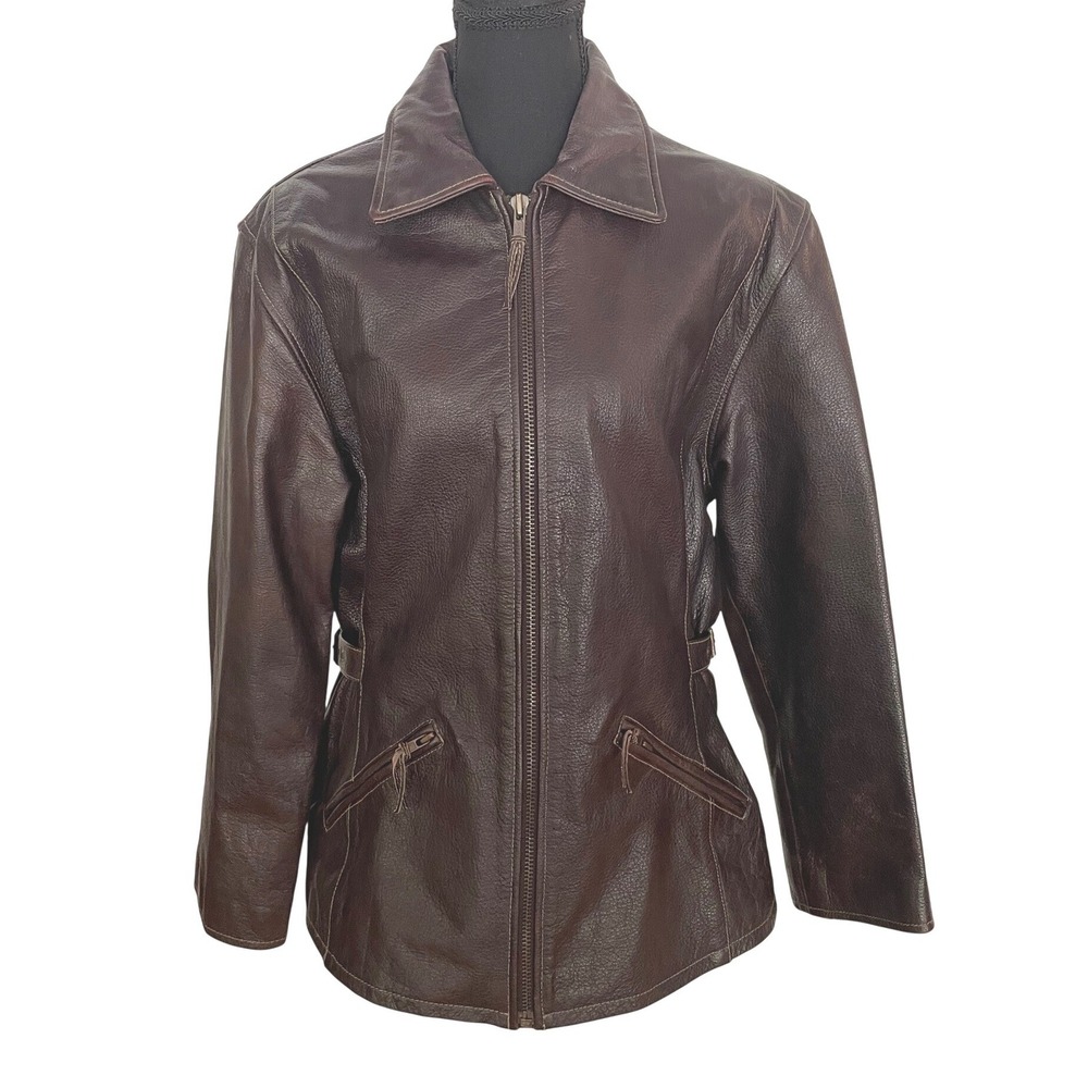 Colebrook & Co Leather Jacket Womens M Brown Rayon Zip Vintage Moto Gorpcore